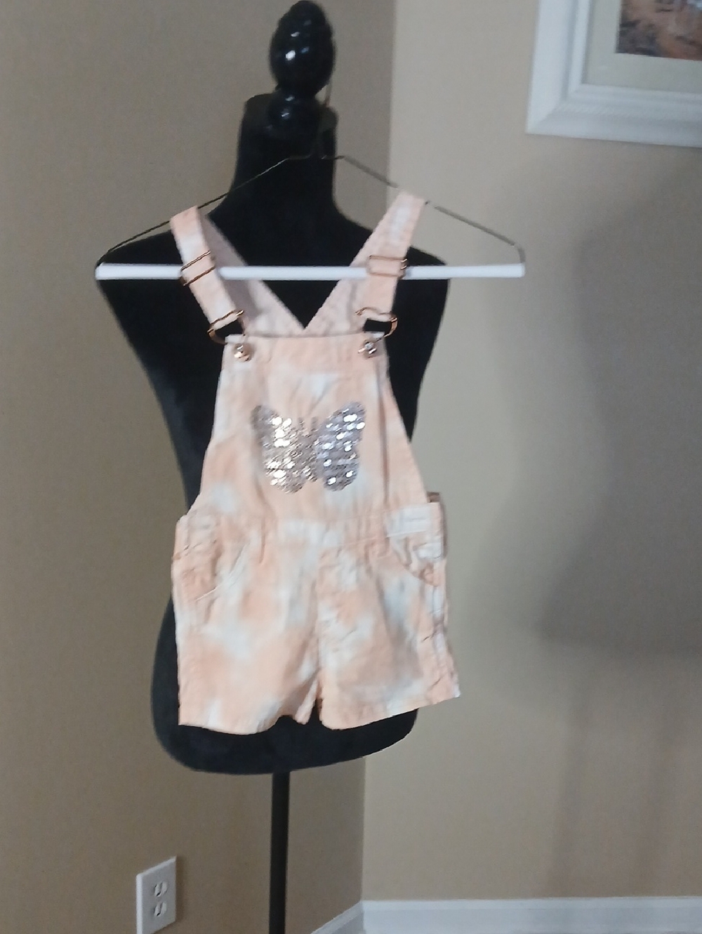 Girls Peach Tie-Dye Overalls with Sequin Butterfly